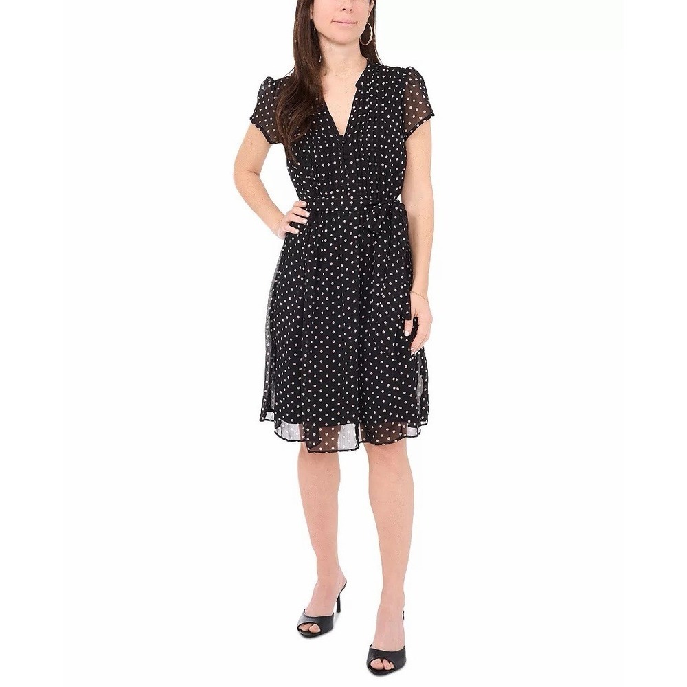 MSK dress Polka dot Dot-Print Split-Neck Short-Sleeve Dress 8 50s Style Black